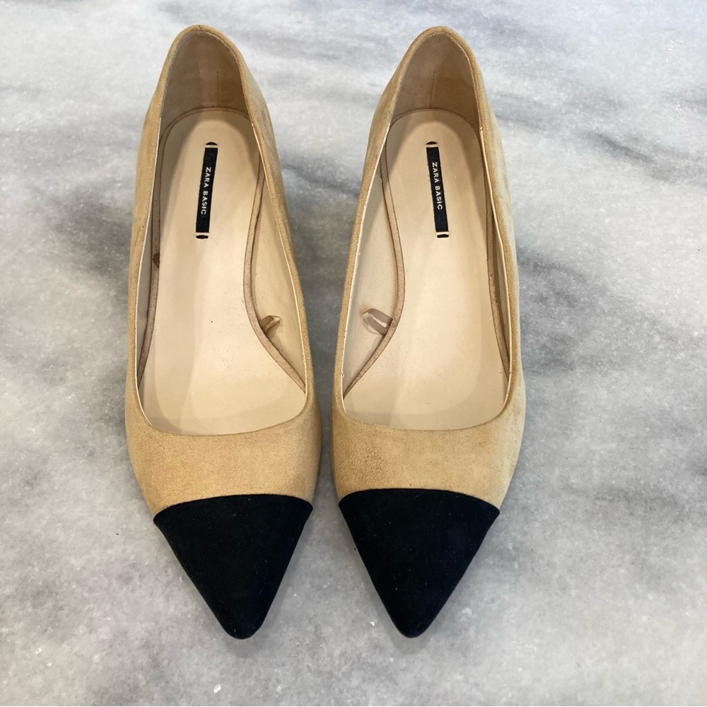 ZARA Faux Suede Tan Black Cap Toe Heels